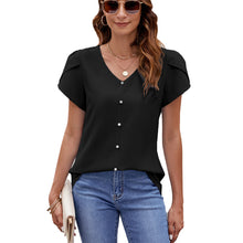 Load image into Gallery viewer, Women&#39;s Solid Color And V-neck Short Sleeve Loose Chiffon Shirt