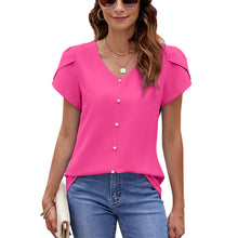 Load image into Gallery viewer, Women&#39;s Solid Color And V-neck Short Sleeve Loose Chiffon Shirt
