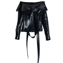 Load image into Gallery viewer, Large Lapel Off-shoulder Chapped PU Leather Narrow Jacket Coat