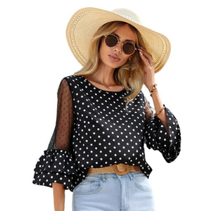 European And American Loose Casual Bell Sleeve Polka Dot Lace Patchwork Round Neck Top