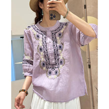 Load image into Gallery viewer, Loose Slimming T-shirt Splicing Symmetrical Embroidery Ramie Top