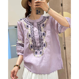 Loose Slimming T-shirt Splicing Symmetrical Embroidery Ramie Top