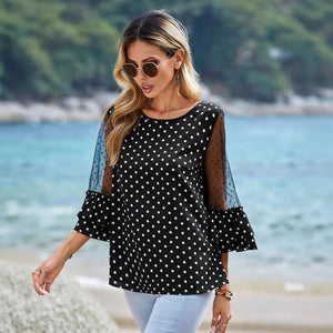 European And American Loose Casual Bell Sleeve Polka Dot Lace Patchwork Round Neck Top