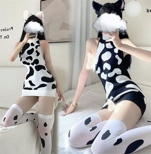 Japanese Girl Cow Print Short Skirt And Long Pajamas