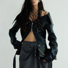 Load image into Gallery viewer, Large Lapel Off-shoulder Chapped PU Leather Narrow Jacket Coat