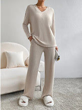 Load image into Gallery viewer, Fashion Solid Striped Suit V-neck Long-sleeved Top And Casual Straight Pants Loose Temperament Women&#39;s Clothing