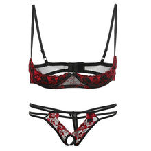 Load image into Gallery viewer, 1/4 Cup Sexy Bra Crotchless Panties Set Embroidery Lingerie Thin Temptation Bra and Panty with Garters Sets Women Intimates