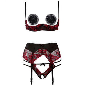1/4 Cup Sexy Bra Crotchless Panties Set Embroidery Lingerie Thin Temptation Bra and Panty with Garters Sets Women Intimates