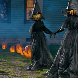 1.7m Light-Up Witches with Stakes Halloween Decorations Outdoor Holding Hands Screaming Witches Sound Activated Sensor Decor