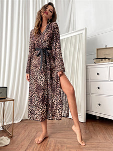 1 Piece Women Kimono Long Bathrobe Mesh Bridesmaid Robe Set Leopard Wedding Sleepwear Beltd Gown Sexy Nightwear