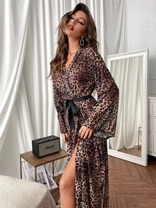 1 Piece Women Kimono Long Bathrobe Mesh Bridesmaid Robe Set Leopard Wedding Sleepwear Beltd Gown Sexy Nightwear