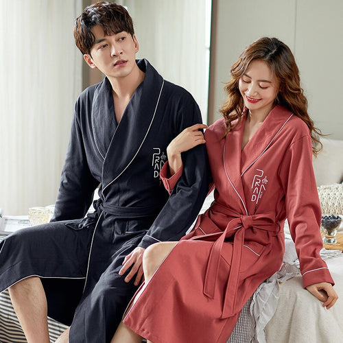 100% Cotton Bath Robe Dressing Gown Men Women Long Sleeve  Sleep Lounge Bathrobe Female Nightgowns Lovers Robes Auumn M-4XL