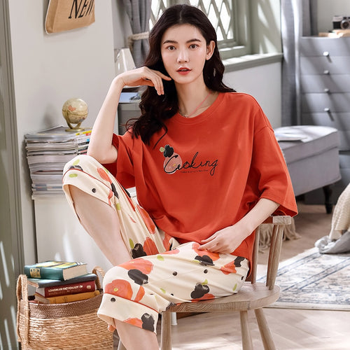 100% Cotton Pajamas Set Women Pajamas Home Wear Short Sleeve Casual Pajama Set Female Loose Sleepwear Loungewear XXL XXXL 4XL