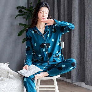 100% Cotton Pajamas Set Women Winter Autumn Sexy Femme Dot Print Pyjama Long Sleeve Shirts Pants 2Piece/Set Mom Homewear 3XL