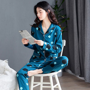 100% Cotton Pajamas Set Women Winter Autumn Sexy Femme Dot Print Pyjama Long Sleeve Shirts Pants 2Piece/Set Mom Homewear 3XL