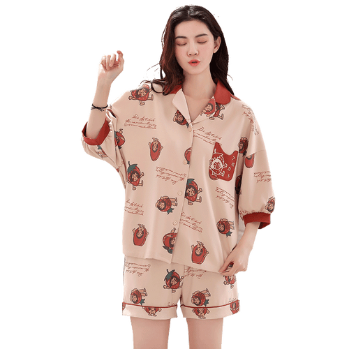 100% Cotton Short Sleeves Pyjamas Women Pajama Sets Shorts Ladies Cute Cartoon Print Kawaii Simple Sleepwear Homewear Pijamas