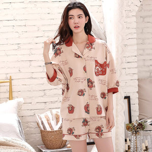 100% Cotton Short Sleeves Pyjamas Women Pajama Sets Shorts Ladies Cute Cartoon Print Kawaii Simple Sleepwear Homewear Pijamas