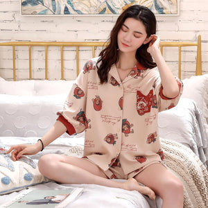 100% Cotton Short Sleeves Pyjamas Women Pajama Sets Shorts Ladies Cute Cartoon Print Kawaii Simple Sleepwear Homewear Pijamas