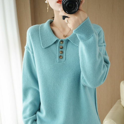 100% Pure Wool Pullover New Style Cashmere Sweater For Fall/Winter Women's POLO Collar Sweater Loose Casual Knitted Base Sweater