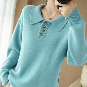 100% Pure Wool Pullover New Style Cashmere Sweater For Fall/Winter Women's POLO Collar Sweater Loose Casual Knitted Base Sweater