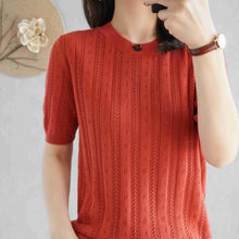 Load image into Gallery viewer, 100%  cotton short-sleeved women&#39;s T-shirt short section loose hollow knitted cotton sweater summer new O-neck pullover sweater