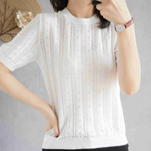 Load image into Gallery viewer, 100%  cotton short-sleeved women&#39;s T-shirt short section loose hollow knitted cotton sweater summer new O-neck pullover sweater