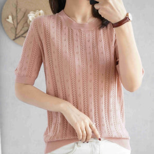 100%  cotton short-sleeved women's T-shirt short section loose hollow knitted cotton sweater summer new O-neck pullover sweater