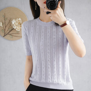 100%  cotton short-sleeved women's T-shirt short section loose hollow knitted cotton sweater summer new O-neck pullover sweater