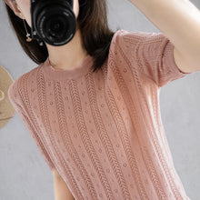 Load image into Gallery viewer, 100%  cotton short-sleeved women&#39;s T-shirt short section loose hollow knitted cotton sweater summer new O-neck pullover sweater