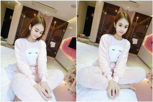 2 PIECE Cartoon owl Nightwear Pijama Home Suit women lingerie Flannel Winter Pyjama Cute Full Length Warm printing Pajama Set