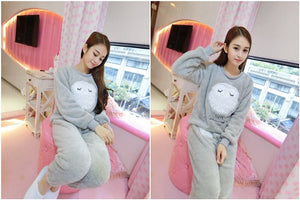 2 PIECE Cartoon owl Nightwear Pijama Home Suit women lingerie Flannel Winter Pyjama Cute Full Length Warm printing Pajama Set