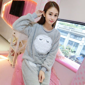 2 PIECE Cartoon owl Nightwear Pijama Home Suit women lingerie Flannel Winter Pyjama Cute Full Length Warm printing Pajama Set