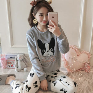 2 PIECE Flannel Pajama Set Cute dog top + long pants Nightwear Home Wear women print lingerie Winter Warm Pyjama Round Neck
