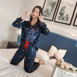 2 PIECE Printing Strawberry Pajamas set satin Pajama Nightwear Pijama Home Wear women lingerie long sleeves silk pj