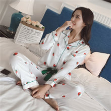 Load image into Gallery viewer, 2 PIECE Printing Strawberry Pajamas set satin Pajama Nightwear Pijama Home Wear women lingerie long sleeves silk pj