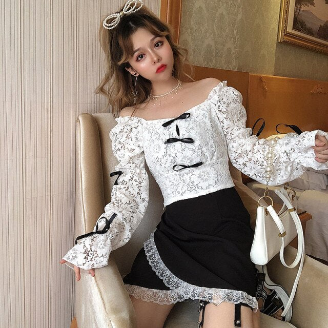 2 Pcs Set Japanese Lolita Style Sexy Ruffles Shirt Women Kawaii Korean Summer Fashion Outfit Elastic High Waist Lace Mini Sets