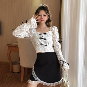 2 Pcs Set Japanese Lolita Style Sexy Ruffles Shirt Women Kawaii Korean Summer Fashion Outfit Elastic High Waist Lace Mini Sets