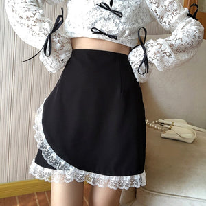 2 Pcs Set Japanese Lolita Style Sexy Ruffles Shirt Women Kawaii Korean Summer Fashion Outfit Elastic High Waist Lace Mini Sets