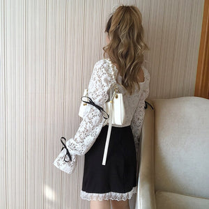 2 Pcs Set Japanese Lolita Style Sexy Ruffles Shirt Women Kawaii Korean Summer Fashion Outfit Elastic High Waist Lace Mini Sets