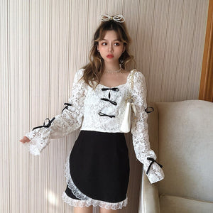 2 Pcs Set Japanese Lolita Style Sexy Ruffles Shirt Women Kawaii Korean Summer Fashion Outfit Elastic High Waist Lace Mini Sets