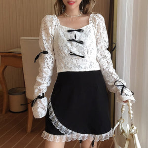 2 Pcs Set Japanese Lolita Style Sexy Ruffles Shirt Women Kawaii Korean Summer Fashion Outfit Elastic High Waist Lace Mini Sets