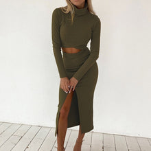 Load image into Gallery viewer, 2 Piece Set Women Knitted Suit Crop Top Mini dress Long Sleeve Two Piece Set  Female Matching Set Autumn Outfits