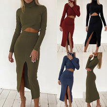 Load image into Gallery viewer, 2 Piece Set Women Knitted Suit Crop Top Mini dress Long Sleeve Two Piece Set  Female Matching Set Autumn Outfits