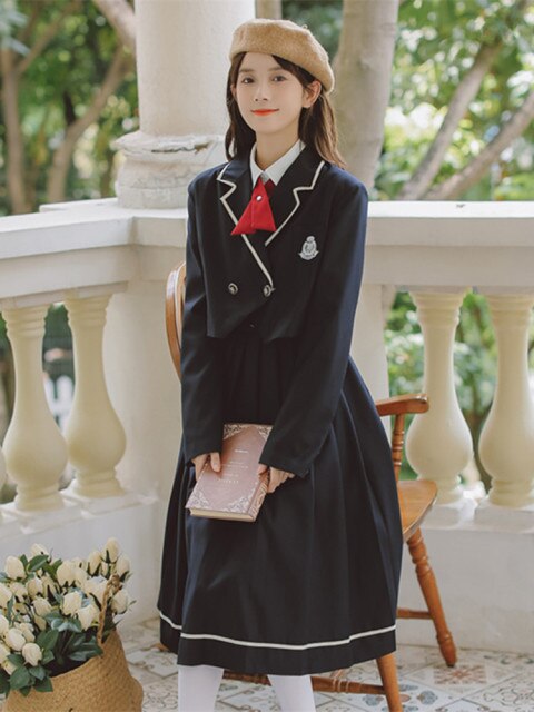 2 Piece Set Women Outfits Bowknot Cross Lapel White Shirt Top+Japanese Cute Sweet JK Dresses Preppy Style Dress Suit Ropa mujer