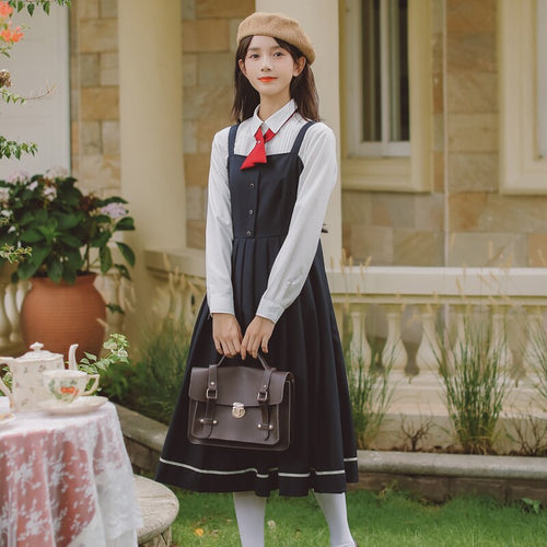 2 Piece Set Women Outfits Bowknot Cross Lapel White Shirt Top+Japanese Cute Sweet JK Dresses Preppy Style Dress Suit Ropa mujer