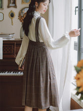 Load image into Gallery viewer, 2 Piece Set Women Outfits Ruffle Stand Collar Bow Brooch Sweet Shirt Top+Sleeveless Retro Pleated Fashion Dress OL Suit Lady