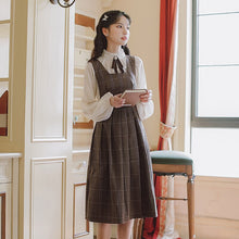 Load image into Gallery viewer, 2 Piece Set Women Outfits Ruffle Stand Collar Bow Brooch Sweet Shirt Top+Sleeveless Retro Pleated Fashion Dress OL Suit Lady