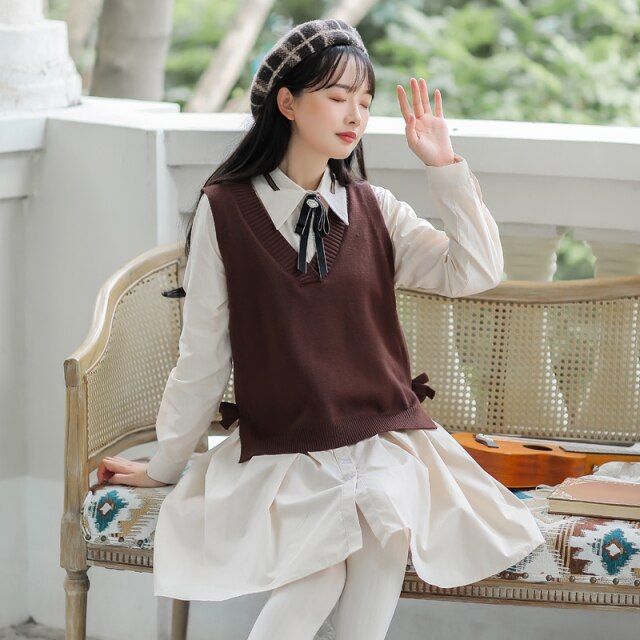 2 Piece Set women Preppy Style Girl Sweet Cute Japanese Mujer V-neck Knitted Vest+Lapel Y2K Shirt Dress Korean Casual Outfits