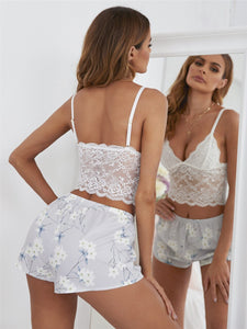 2 Piece Summer Lace Crop Top with Shorts Floral Pajamas Set Sexy Femme Sleepwear Deep V Sleeveless Nightwear