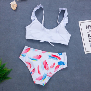 2-Piece Swimsuit Swimwear Women Beachwear Bikini Set Solid Color Printing Ruffle  U Neck Bandage